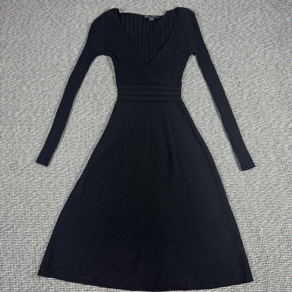 INC International Concepts Black Ribbed Surplice Fit & Flare Midi Dress XS